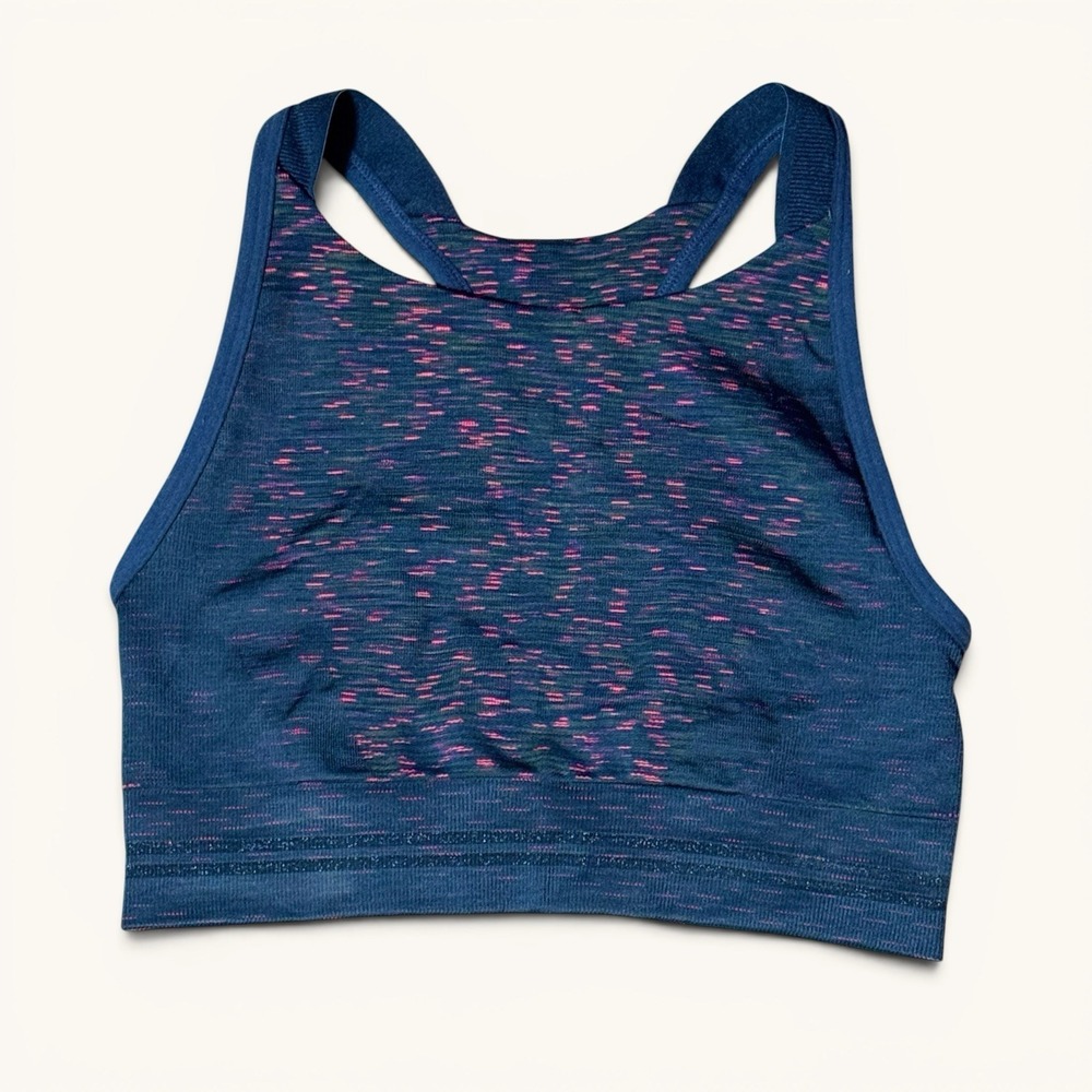 LNDR Sports Bra XS S Blue Pink Marled Seamless High Neck Racerback Gym Yoga